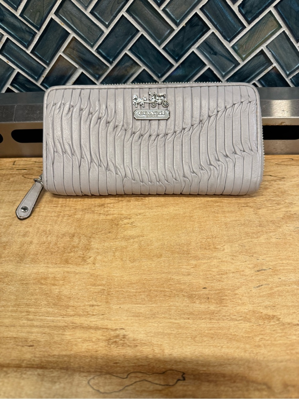 Coach Madison Gray Gathered Leather Zip Wallet with Silver Logo